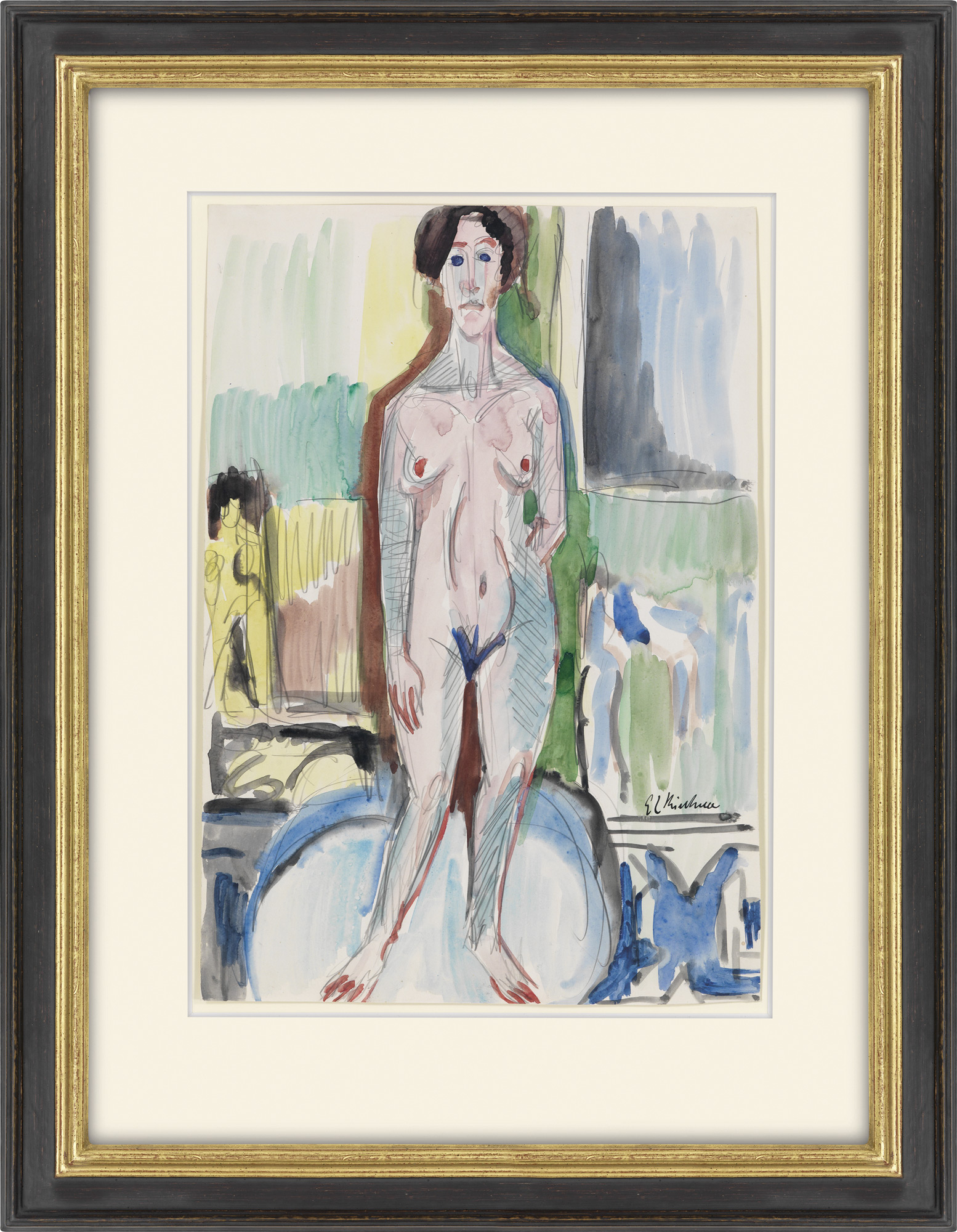 Bild "Nackte Badende mit gelber Plastik" (1926) (Unikat) von Ernst Ludwig Kirchner