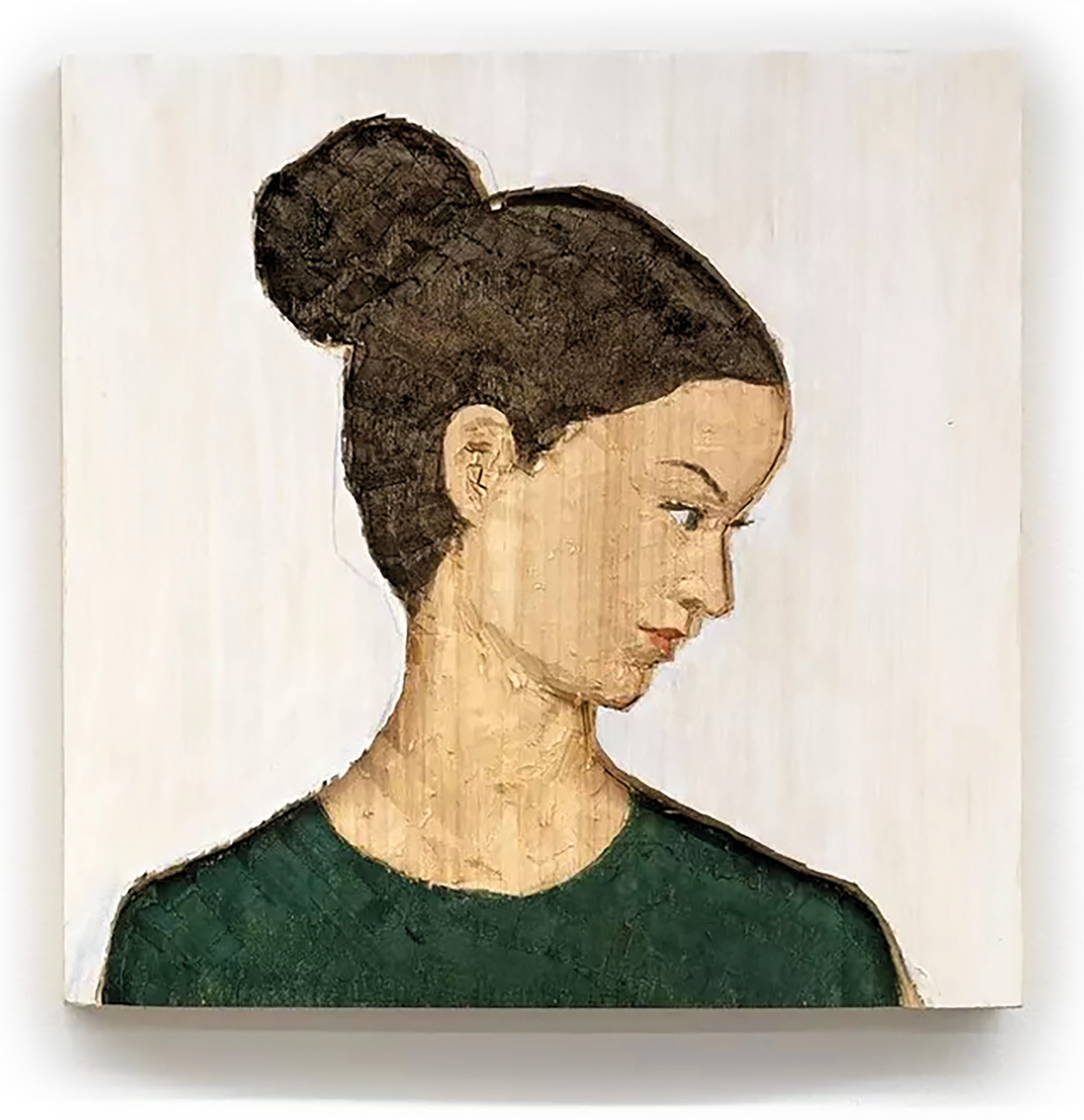 Wandobjekt "Kleines Relief Frau (grünes Hemd)" (2021), Holz von Stephan Balkenhol