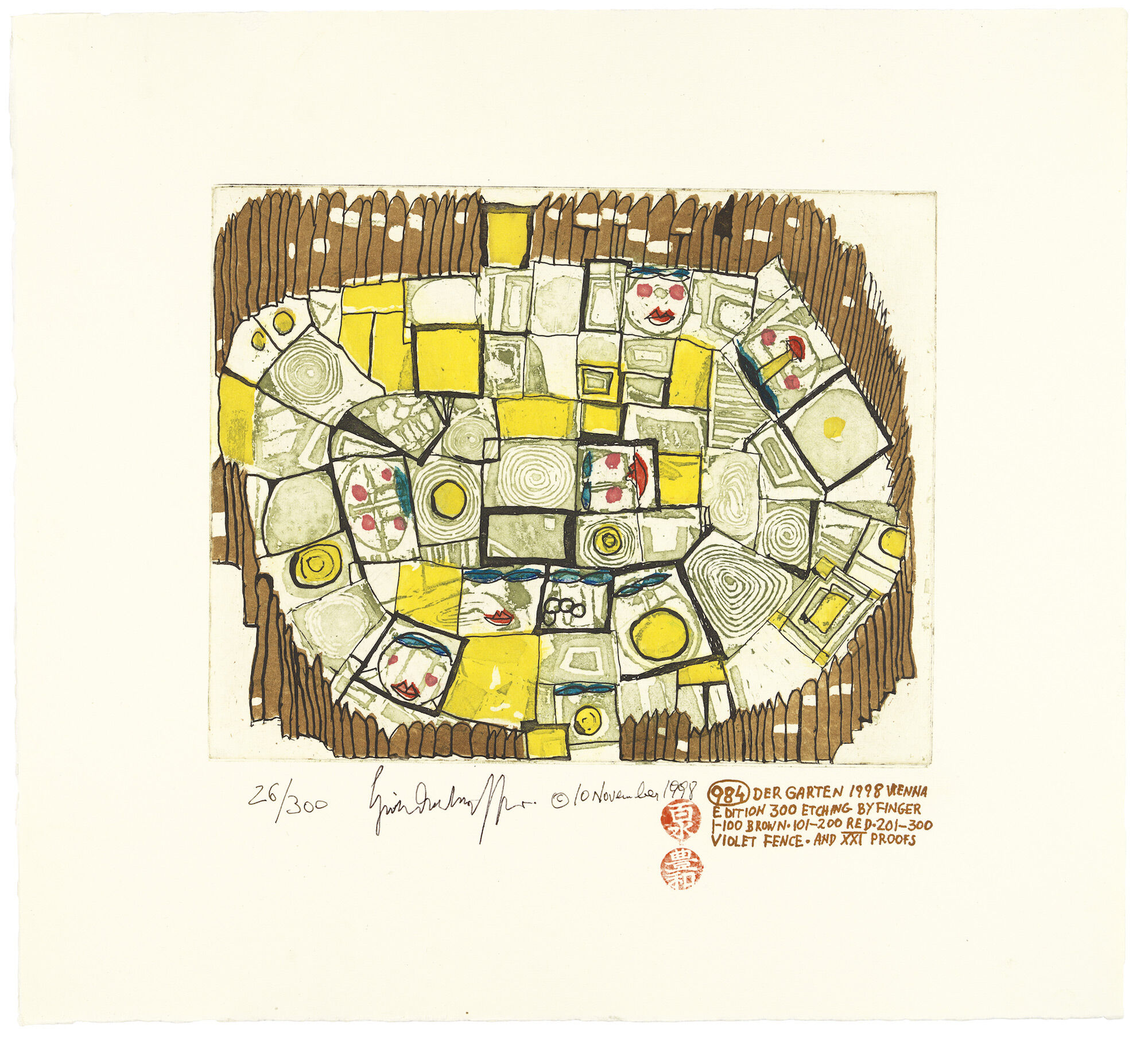 984 DER GARTEN, THE GARDEN, LE JARDIN (Brown) (1998) (colour etching) by Friedensreich Hundertwasser