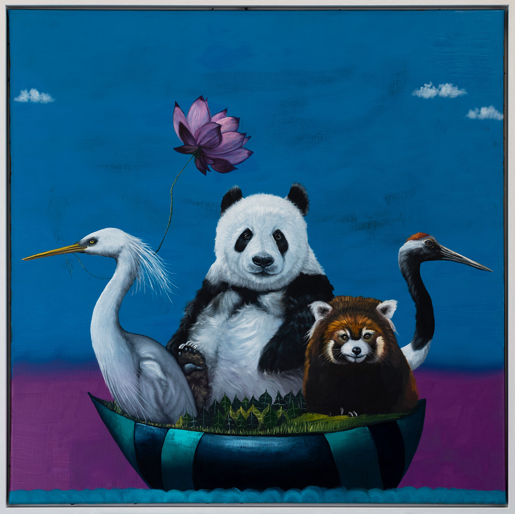 Picture "Series Wanderlust | Ornamental Heron, Panda Bear, Western Lesser Panda and Manchurian Crane" (2023) (Unique piece) by Lezzueck Coosemans