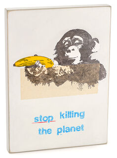 Objekt "stop killing the planet" (2023), Holz von Jan M. Petersen