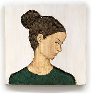 Wandobjekt "Kleines Relief Frau (grünes Hemd)" (2021), Holz