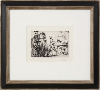 Bild "Don Quichotte, Sancho et un 'Mousquetaire' Regardant Passer Dulcinée sur une Charrette Tirée Par un Homme Masqué, 3.7.68 I" (1968) von Pablo Picasso