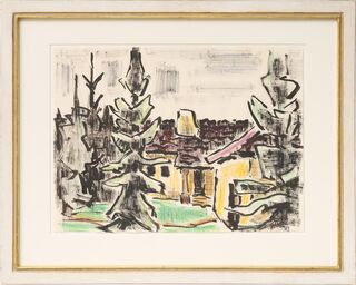 Bild "Gelbes Haus mit Tannen" (um 1950/55) (Unikat)