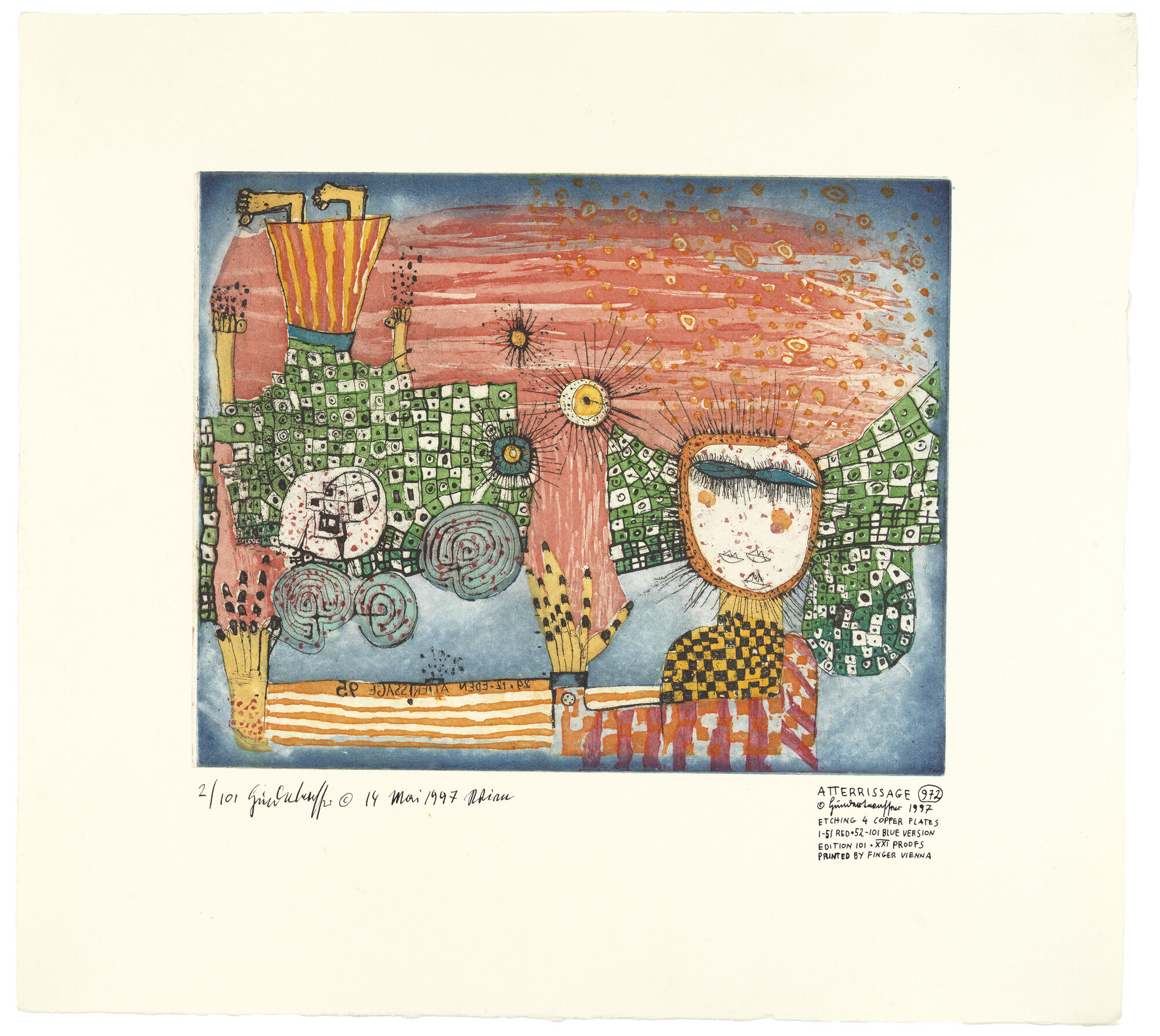 972 L'ATTERRISSAGE, DIE LANDUNG (rot) (1997) (Farbradierung) von Friedensreich Hundertwasser