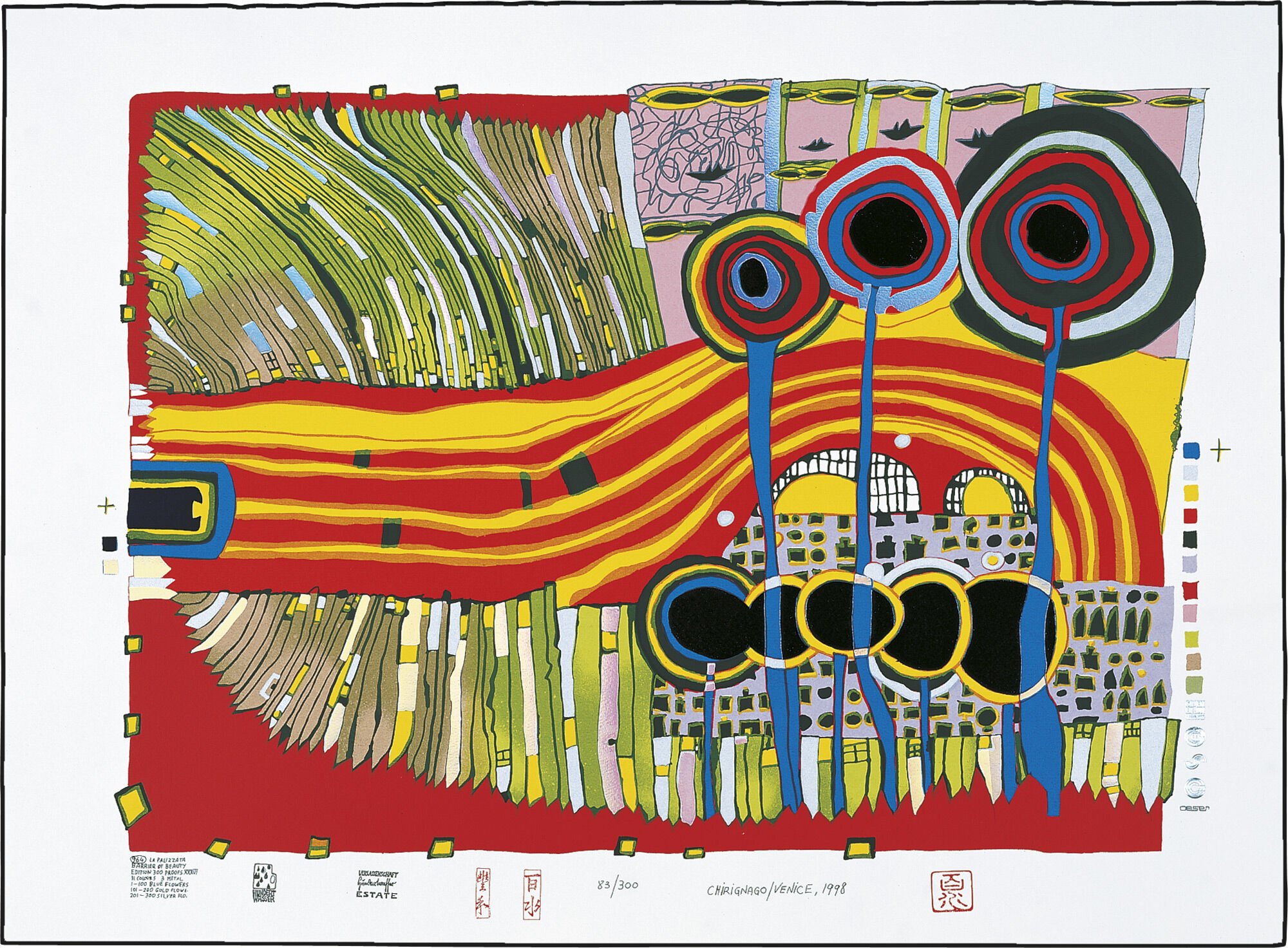 964 LA PALIZZATA,DER ZAUN - DAS KLEINE SCHÖNHEITSHINDERNIS, FENCES- THE SMALL BARRIER OF BEAUTY, LA PETITE BARRIERE DE BEAUTE - CLOTURES (1997) (screenprint) by Friedensreich Hundertwasser