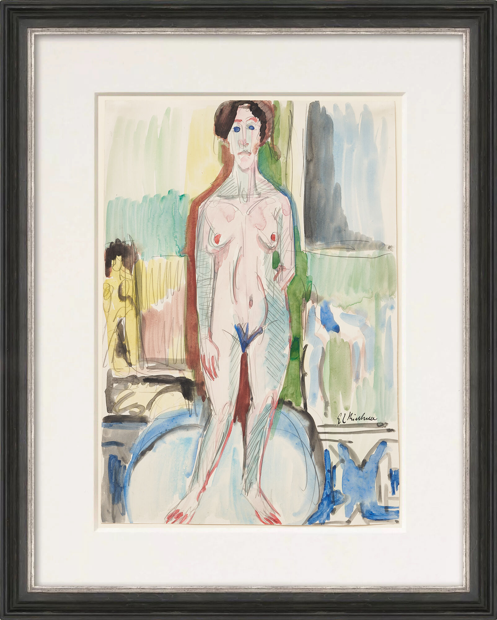 Picture "Nude Bather with Yellow Sculpture" (1926) (Unique piece) by Ernst Ludwig Kirchner